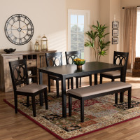 Baxton Studio RH315C-Sand/Dark Brown-6PC Dining Set Bennett Modern and Contemporary Sand Fabric Upholstered and Dark Brown Finished Wood 6-Piece Dining Set